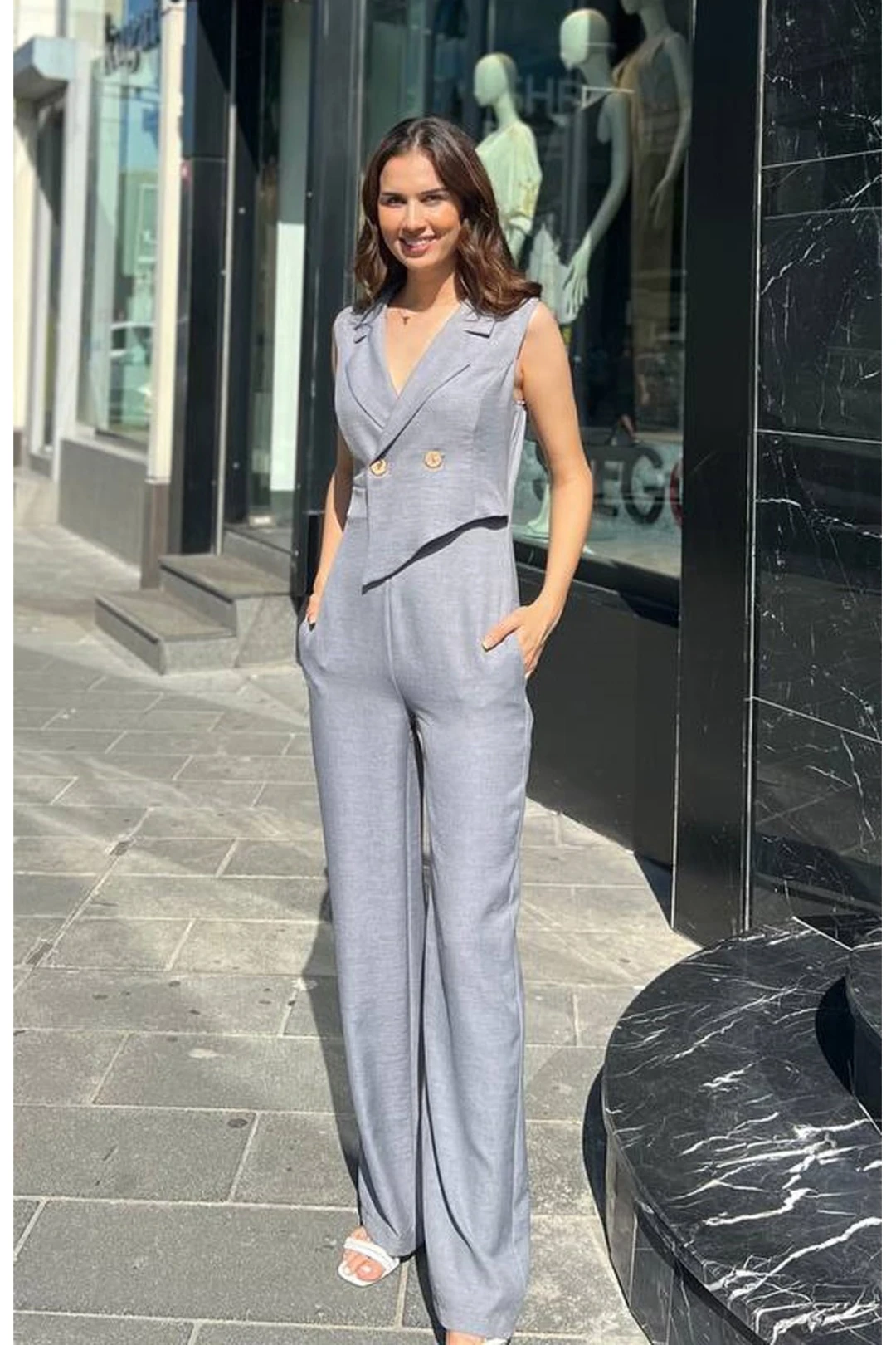 Kruvaze Yaka İki Düğmeli Tulum